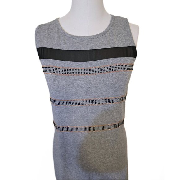 Tricotto Sleeveless Midi Dress Rhinestone Zipper Mesh Edgy Grey Black Size L - Picture 5 of 10